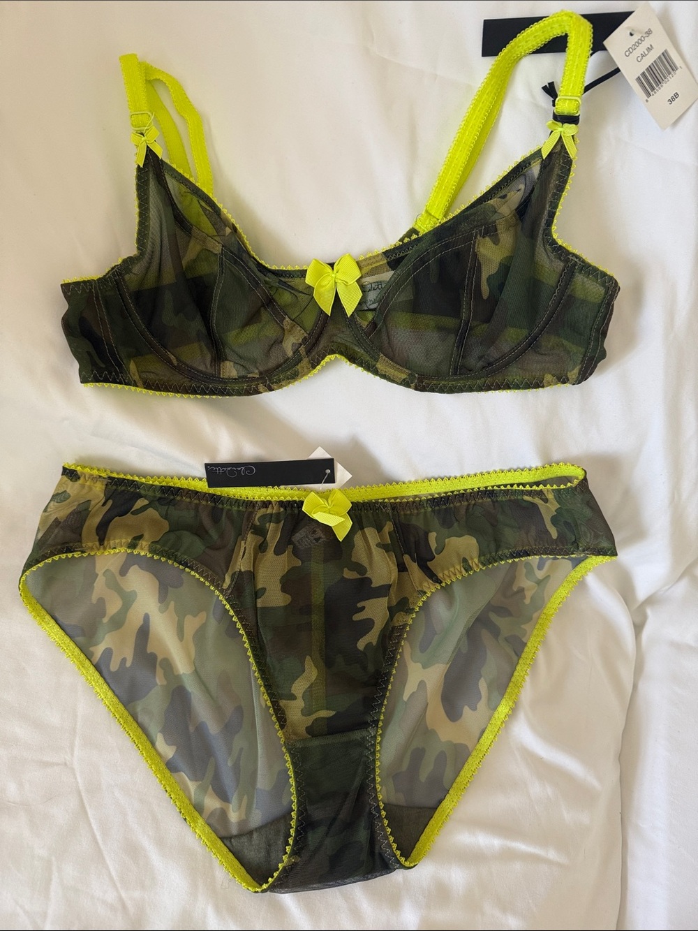 Claudette Sheer Underwire Bra & Bikini Set Camo w/Neon Yellow Trim. Sz 38B & XL